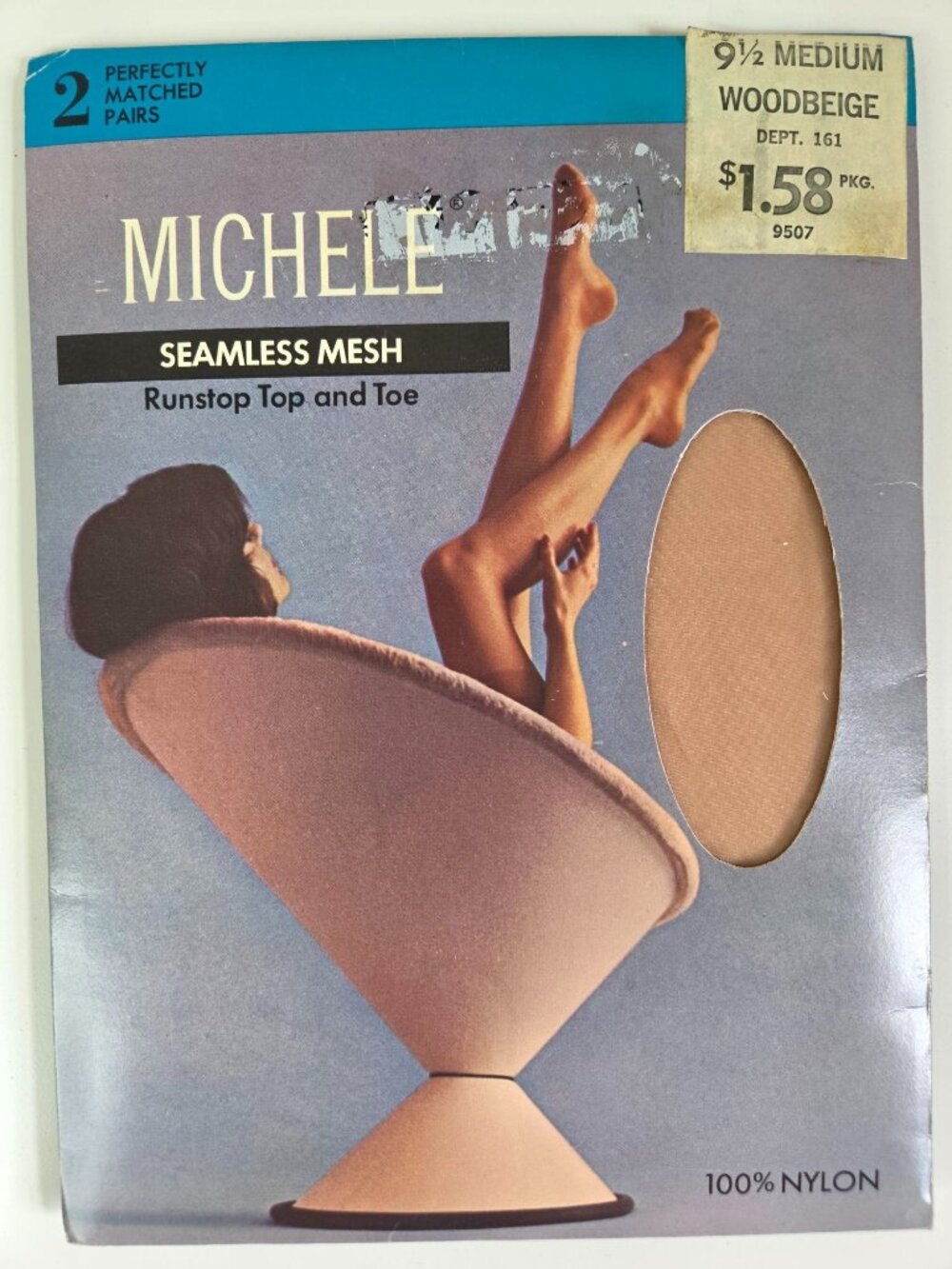 Vtg Michele Seamless Mesh 100% Nylon Stockings 9 1/2 Medium Wood Beige 2 Pairs